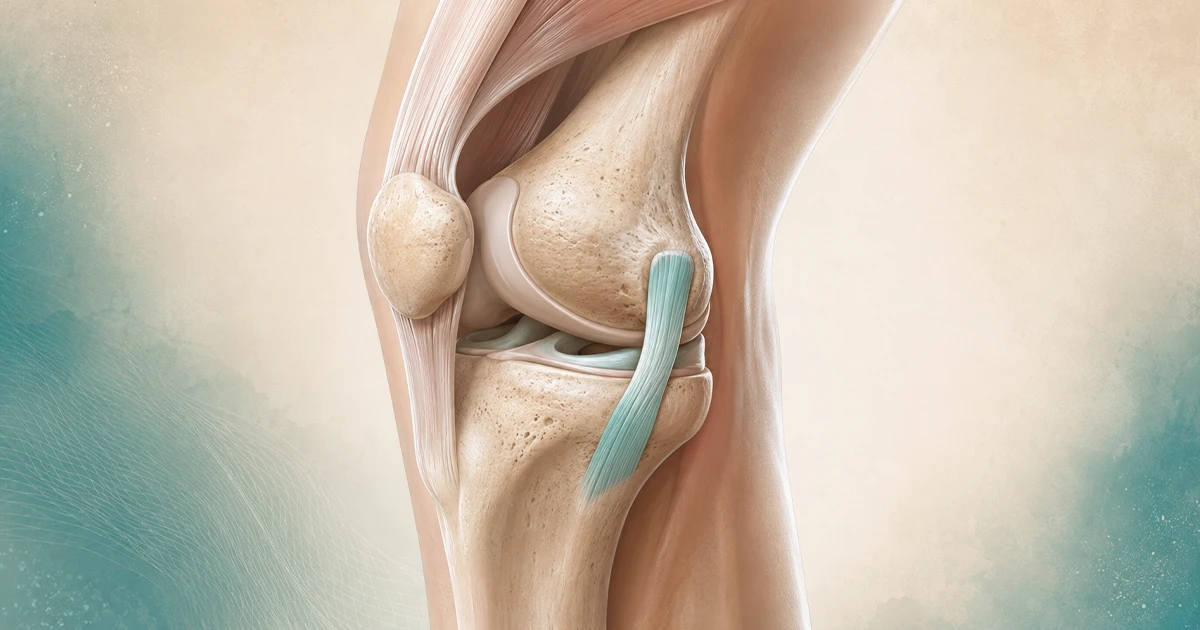 Vista lateral do joelho em ilustração anatômica, com a patela e um ligamento lateral destacado em turquesa