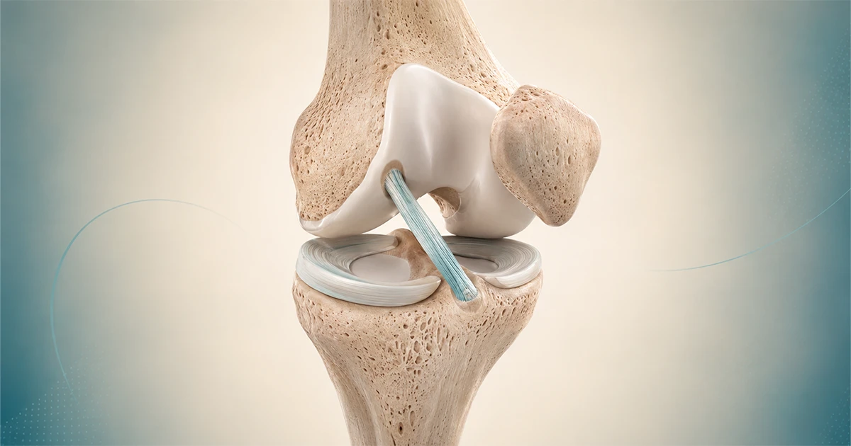 Modelo anatômico de joelho com os meniscos visíveis e um ligamento reconstruído destacado em turquesa