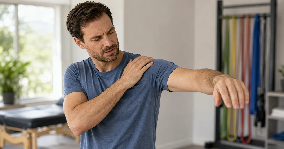 Homem levando a mão ao ombro ao elevar o braço, com expressão de dor, em sala de reabilitação