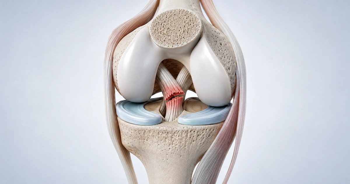 Vista frontal do joelho mostrando os meniscos apoiados sobre o platô tibial e uma ruptura destacada em vermelho no ligamento central
