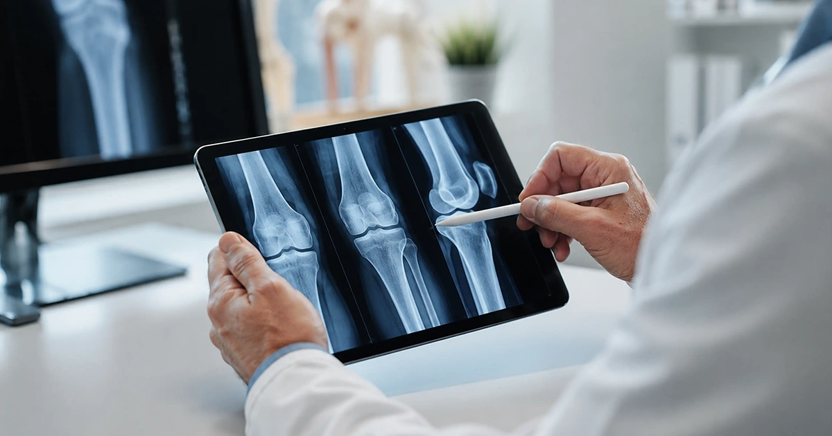 Médico analisando radiografias de joelho em um tablet